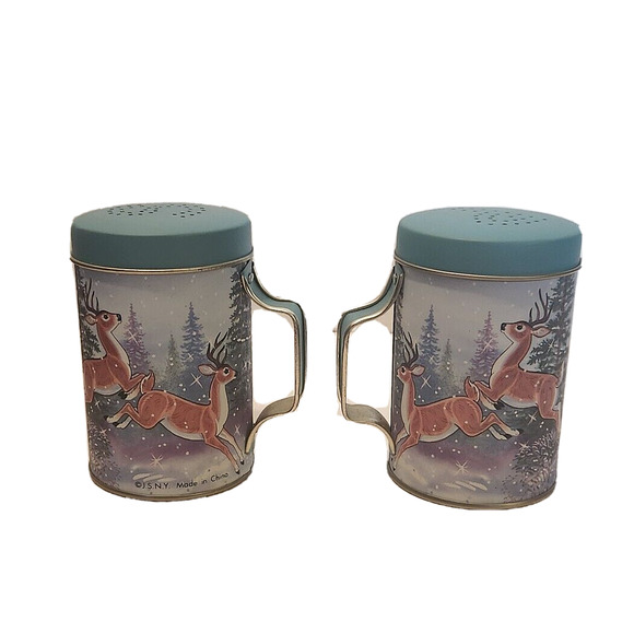 JSNY Prancing Deer Snow Christmas Teal Tin Salt and Pepper Shakers NEW - Picture 4 of 6